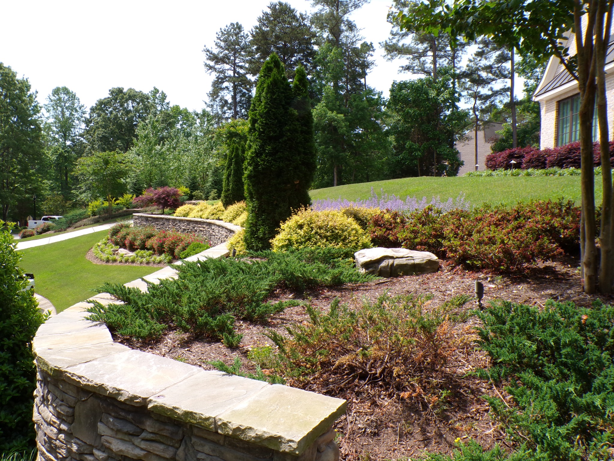 Curved natural stone retaining wall and planted slope